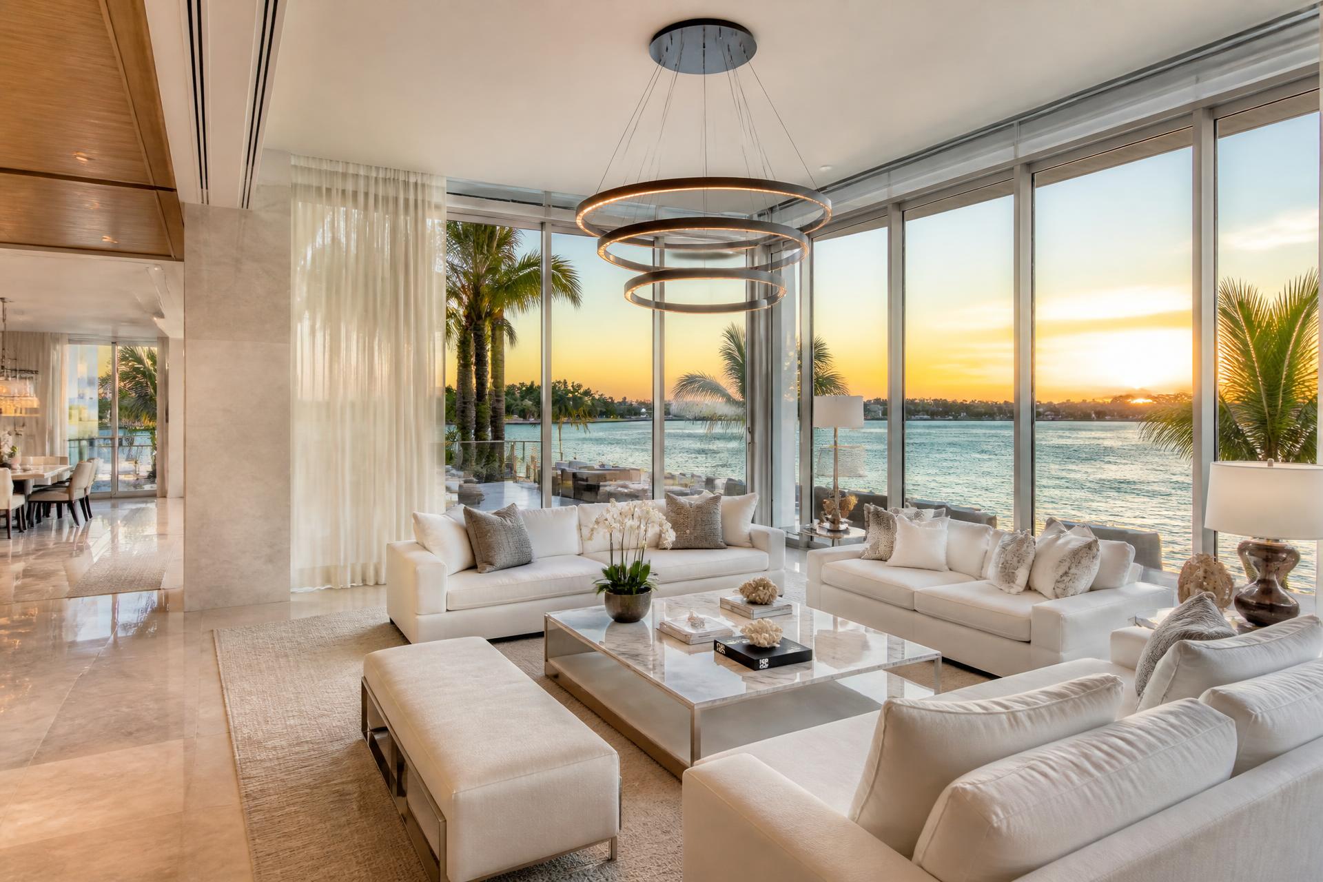 Sunlit waterfront Sarasota living room after an Azure Coastal cleaning